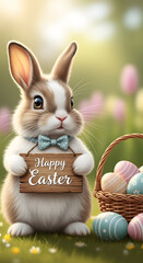 A cute bunny holding a Happy Easter sign with eggs in a basket on a sunny spring day