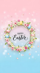 A vibrant floral wreath with Easter eggs and flowers on a pastel background, viewed from directly above.
