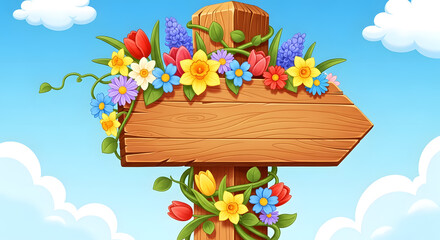 A wooden signpost adorned with colorful flowers stands against a serene blue sky with white clouds, viewed from a slight angle.