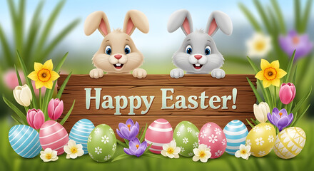 Two adorable Easter bunnies sitting on a wooden sign surrounded by colorful eggs and flowers in a lush green meadow