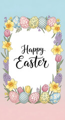 Easter celebration illustration featuring eggs, flowers, and greenery in a festive wreath on a pastel background viewed from directly above