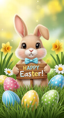 A cartoon bunny holding a Happy Easter sign surrounded by colorful eggs and flowers in a sunny spring meadow