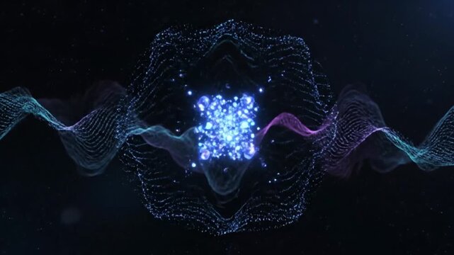 Dynamic abstract representation of a quantum data core generating intricate energy waves and particle streams in a dark digital space