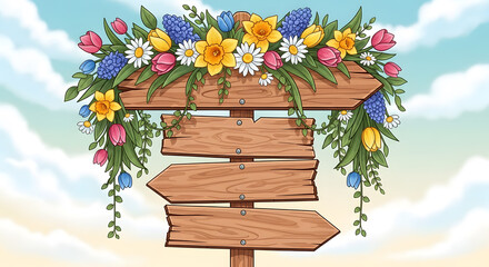 A wooden directional sign adorned with colorful flowers against a serene sky with fluffy clouds