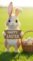 Easter bunny holding a sign with eggs in a basket on green grass