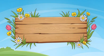 A wooden sign surrounded by flowers and greenery in a serene landscape viewed from a slight distance