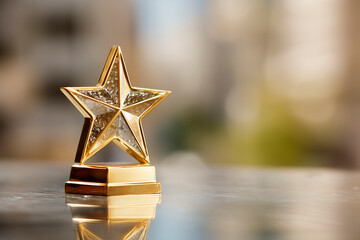 Close-up of a golden star trophy on a reflective surface with blurred background, concept for achievement recognition, celebrating success and career excellence. business concept