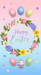 Easter eggs and flowers arranged in a wreath with colorful decorations and confetti