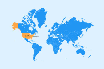 Fototapeta premium World Map, highlighted to USA, United States of America, with Washington DC capital city and country border. 