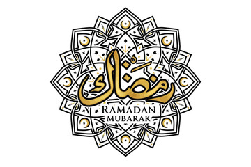 Obraz premium Ramadan Mubarak Arabic Calligraphy in Golden Floral Mandala with Black Outline and White Background for Greeting Card