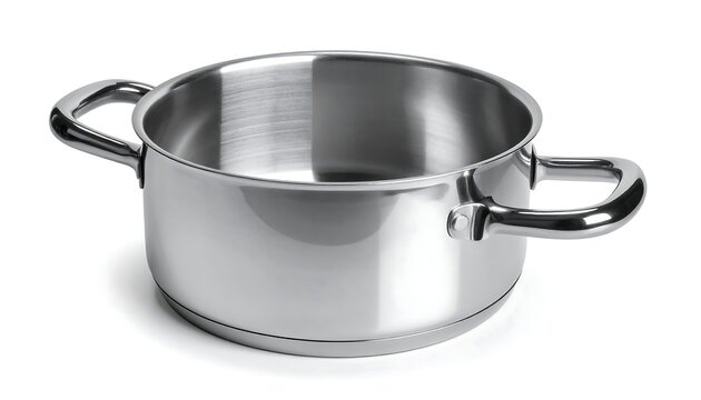Shiny, stainless steel cooking pot with two curved handles, isolated on white