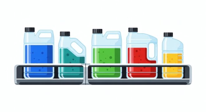 Five plastic bottles filled with various colorful liquids displayed on grey shelves.