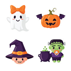 Cute Halloween characters including a ghost pumpkin witch and Frankenstein with a cauldron.