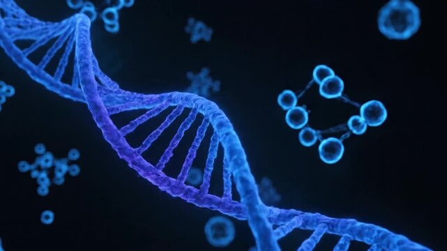Dynamic abstract visualization of a glowing blue DNA double helix, symbolizing genetic research, molecular biology, and advancements in life science and biotechnology innovation