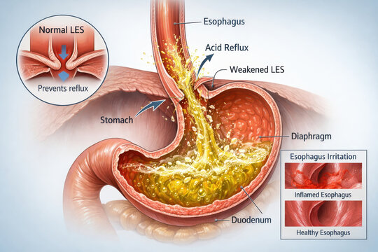 Medical heartburn reflux stomach acid illustration shows weakened esophagus and lower sphincter causing painful burning sensation and irritation with inflamed tissue close up detail