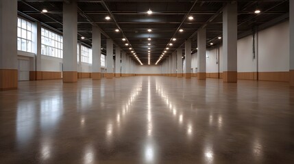 Naklejka premium Vast empty exhibition hall with polished concrete floor and rows of lights receding into the distance