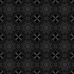 Intricate Mandala Seamless Pattern, Geometric Batik Ornament on Black Background.