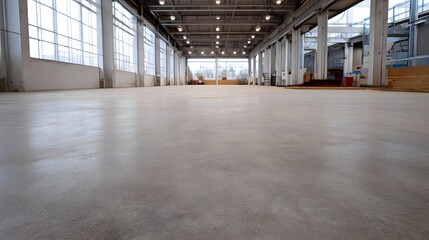 Naklejka premium Vast empty industrial hall with a smooth clean concrete floor and abundant natural light from large