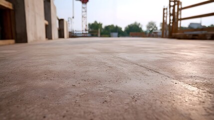 Close up view of a textured flat concrete floor at a construction site with a low angle perspective