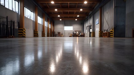 Naklejka premium Empty industrial warehouse interior with a polished concrete floor reflecting overhead lights