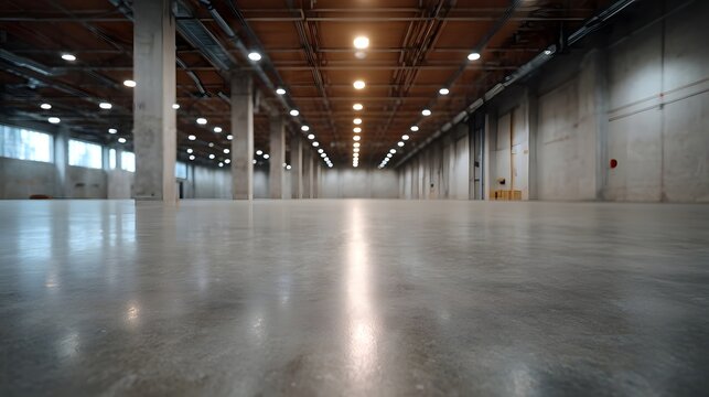 A vast empty modern warehouse interior with a polished concrete floor and rows of overhead lights creating a sense of spaciousness and potential