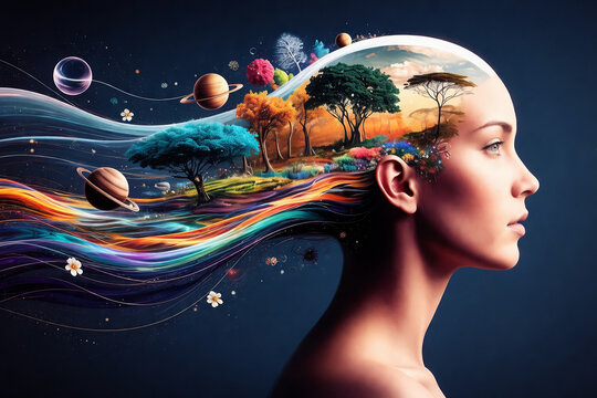 AI generated surreal portrait of a woman with nature and cosmic elements flowing from her mind symbolizing creativity imagination mental balance and infinite knowledge