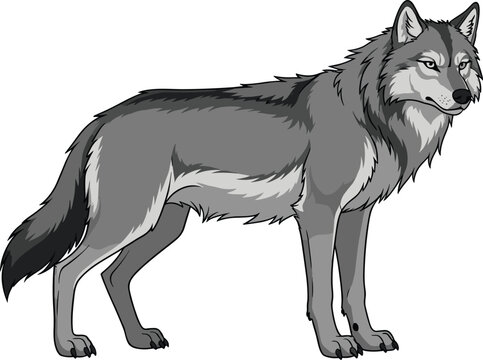 Realistic gray wolf vector illustration standing in side view, detailed wild animal design for nature, wildlife, forest, and outdoor themed projects