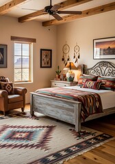 Fototapeta premium Rustic bedroom interior features wooden beams and culturally inspired textile patterns