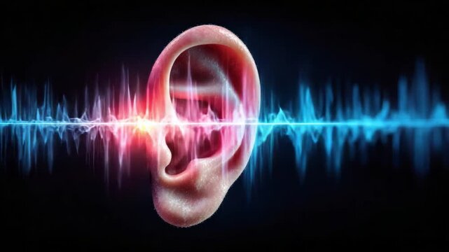 Hearing Sound Waves: A detailed depiction of a human ear, bathed in dynamic sound waves of varying frequencies and colors, symbolizes the intricate process of hearing and auditory perception.