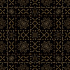 Intricate Mandala Seamless Pattern, Geometric Batik Ornament on Black Background.