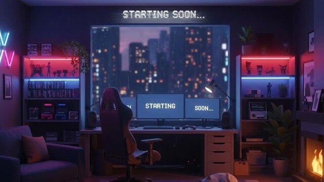 Lo-fi Stream Starting Soon Screen Animated Cozy Gaming Room Background Loop