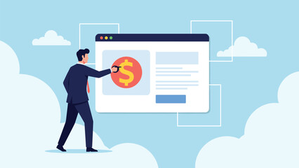 Obraz premium Professional businessman interacting with website interface displaying money symbol and financial data for online business management.