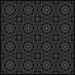 Intricate Mandala Seamless Pattern, Geometric Batik Ornament on Black Background.