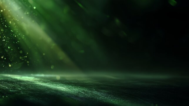 Green abstract background with glowing particles and bokeh lights, dark green gradient, cinematic volumetric light rays, soft focus depth and black floor creating a modern futuristic atmosphere
