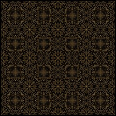 Intricate Mandala Seamless Pattern, Geometric Batik Ornament on Black Background.