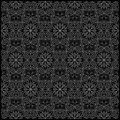 Intricate Mandala Seamless Pattern, Geometric Batik Ornament on Black Background.