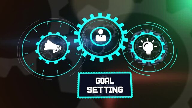 Business goal setting process with rotating gear wheels, lightbulb and user icons to visualize success and strategic planning