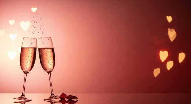 Two glasses of champagne with a red heart decoration create a romantic anniversary celebration featuring elegant wineglass drinks for a Valentine's Day party or wedding holiday