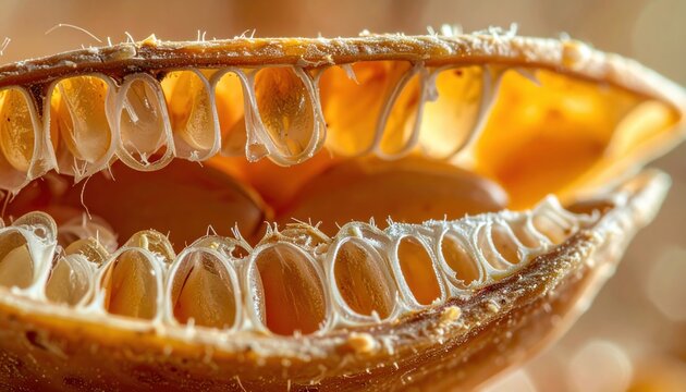 Detailed cross-section revealing the intricate internal structure of a plant seed, showcasing organic textures and biological detail