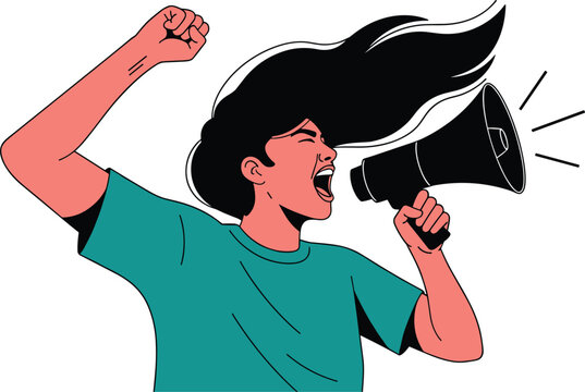 Woman shouting through megaphone with raised fist representing activism empowerment protest freedom of speech and strong voice expression flat vector illustration