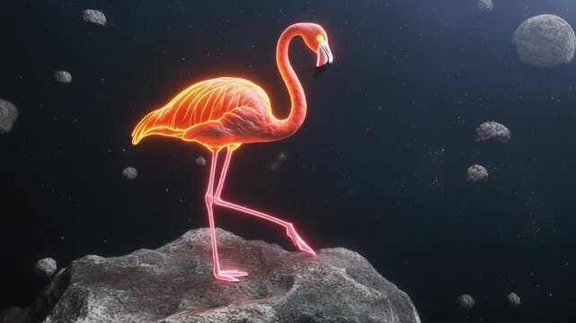 Glowing neon flamingo standing on a rock in space.