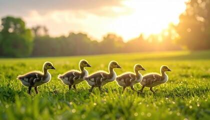 A row of young goslings with soft grey downy feathers walking in a sunlit green field
