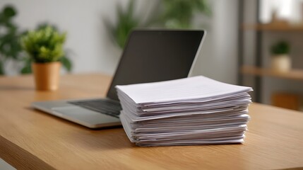 A stack of documents rests beside a laptop on a wooden desk suggesting a productive work or study environment