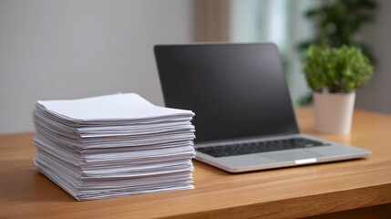 A neat stack of white papers sits beside an open laptop on a wooden desk suggesting a modern workspace