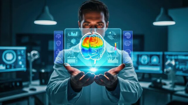 Man in lab coat displaying a colorful brain scan with futuristic interface
