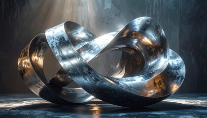 Abstract sculpture of interwoven metal forming an infinity symbol with a reflective polished surface and dramatic lighting
