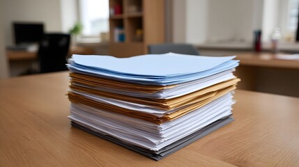 A neat stack of assorted documents papers and folders is organized on a wooden office desk suggesting administrative work or prepa n
