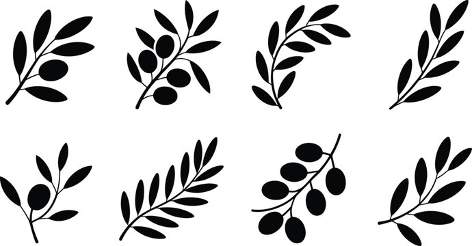 Elegant black silhouette olive branch and leaf sprig vector illustrations, ideal for various design projects
