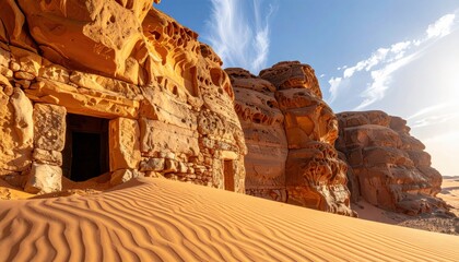 Ancient sandstone rock formations with carved structures in a vast desert landscape under a blue sky.