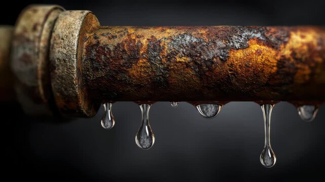 Rusty pipe dripping water in a dark environment with droplets forming and falling from the end of the pipe